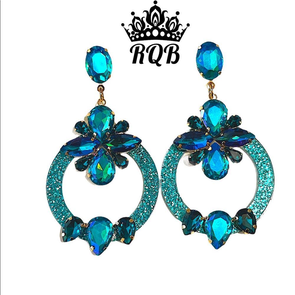 Turquoise Sparkling Crystal Hoop Pageant Earrings